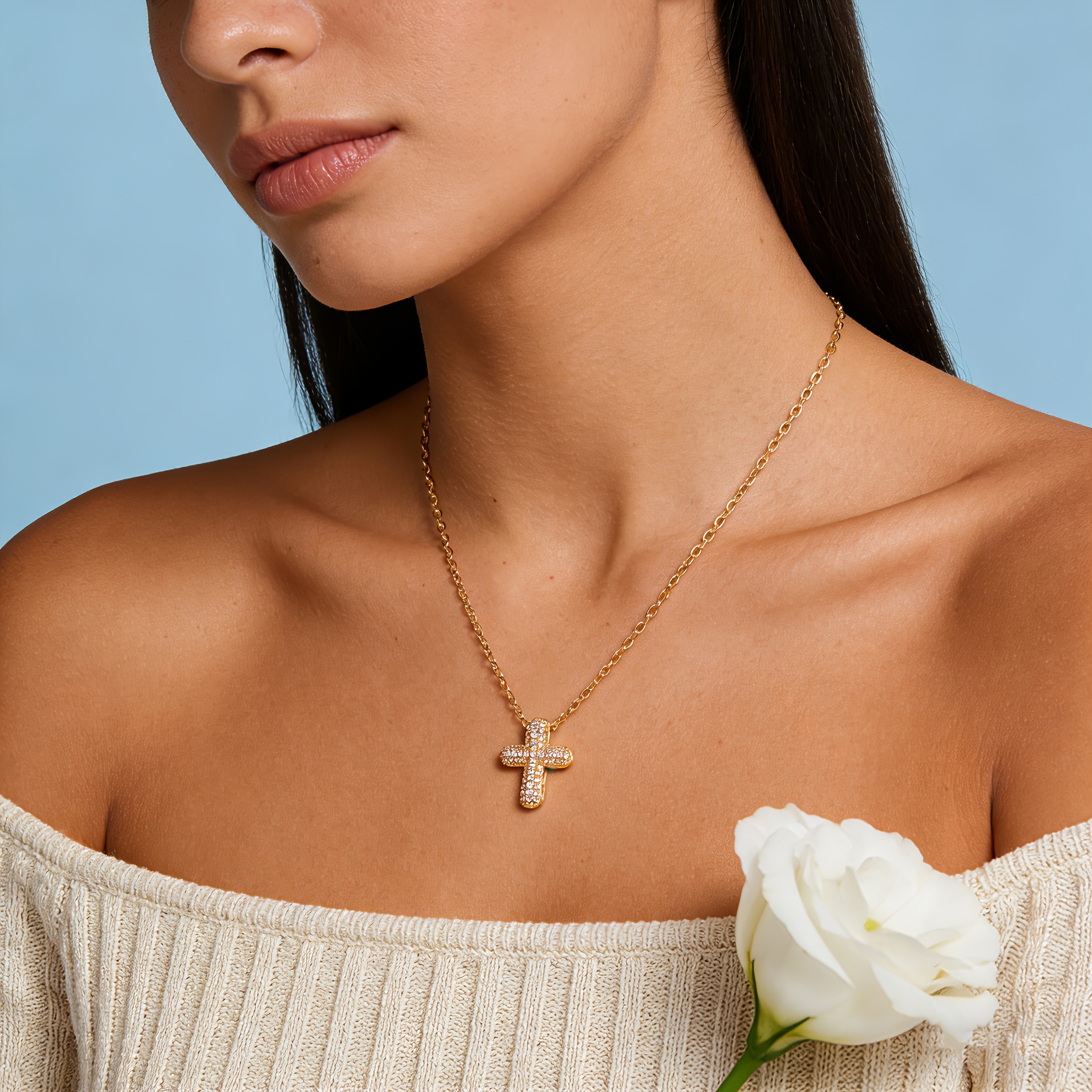 Women's Elegant Golden Copper Cross Pendant Necklace, Birthday Gift